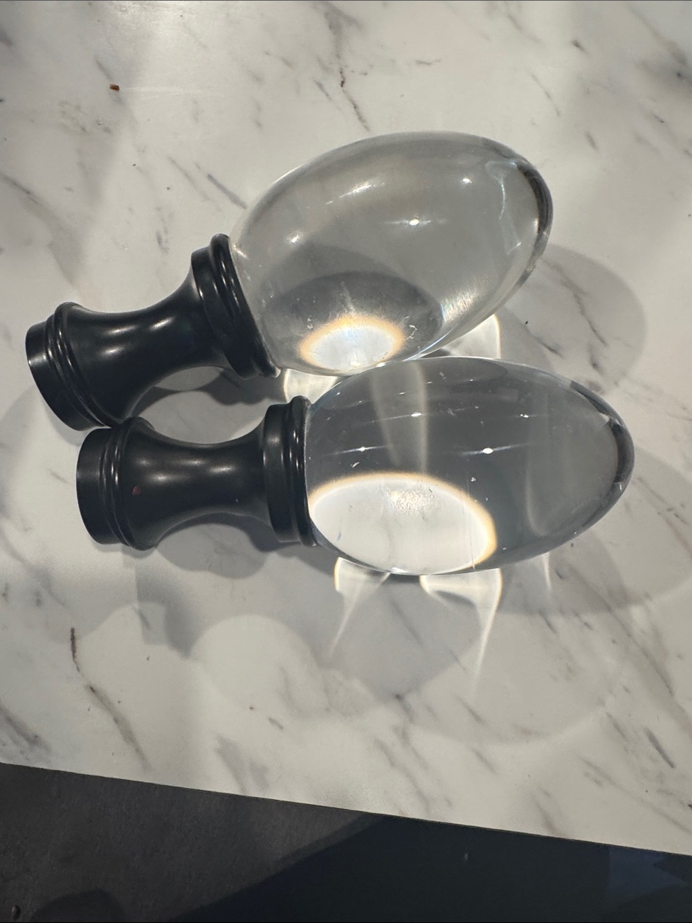 Heavy Glass Egg Finials with Black Bases (Pair) 6 1/2 “